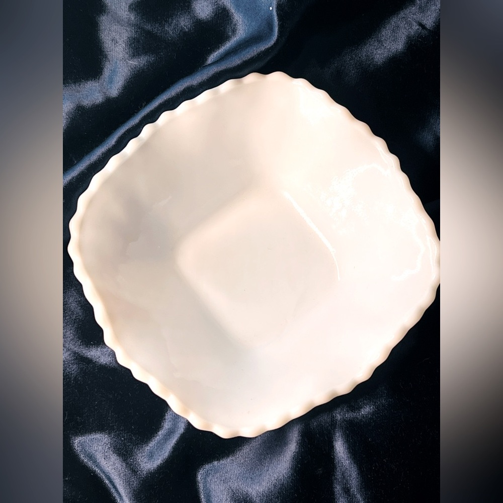 Vintage Hazel Atlas Diamond Ruffled Edge Milk Glass Candy Dish